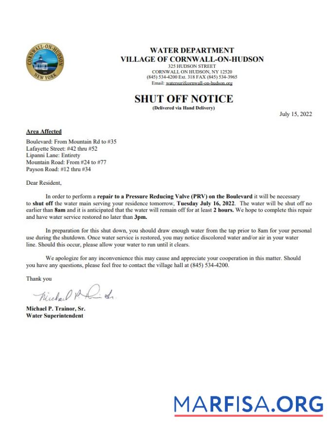 Blank USA New York Cornwall on Hudson water utility bill shutoff notice, Word and PDF template